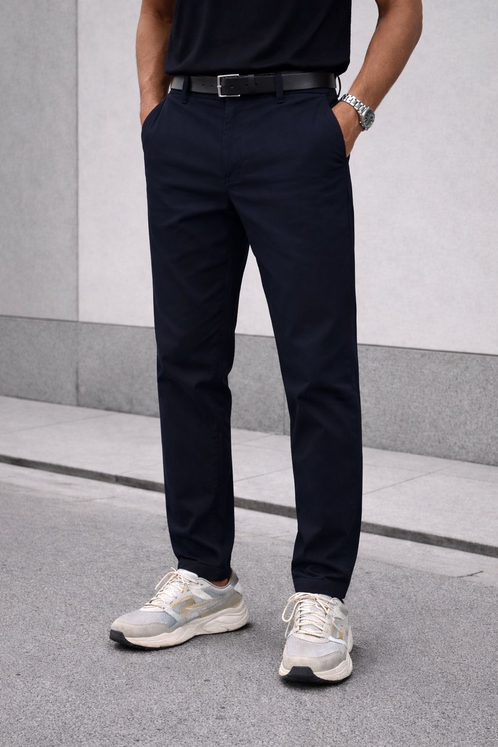 Men Regular Fit Navy Blue Pure Cotton Trousers