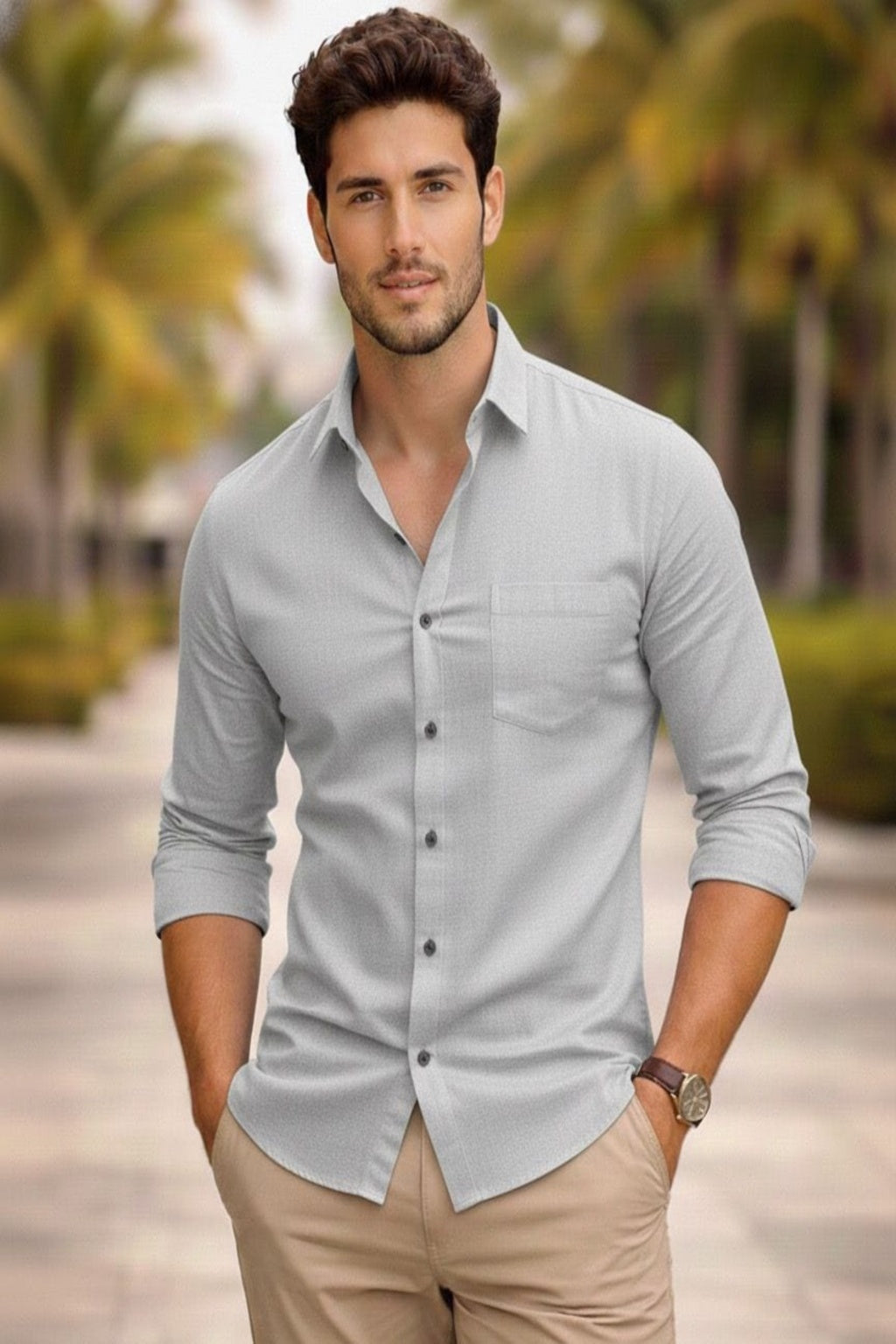 Men Regular Fit Self Design Spread Collar Shirt