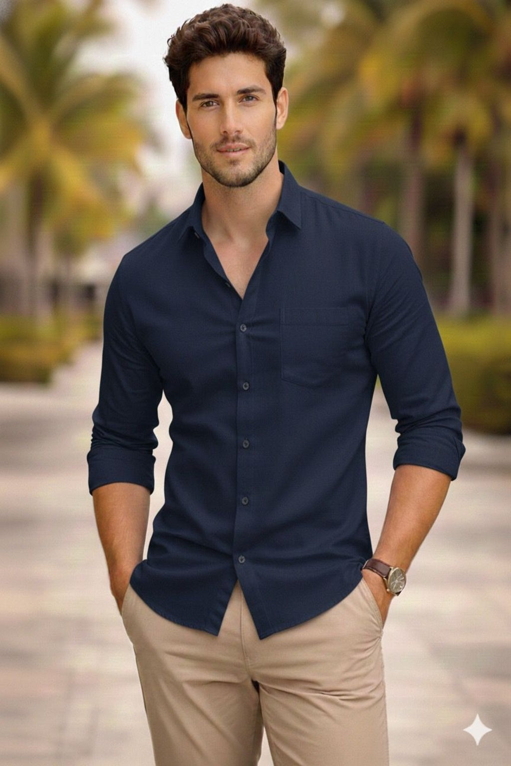 Men Regular Fit Self Design Spread Collar Navy Blue Shirt