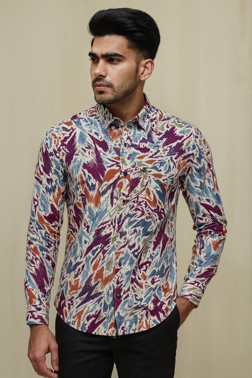 Men Slim Fit Printed Spread Collar Casual Shirt