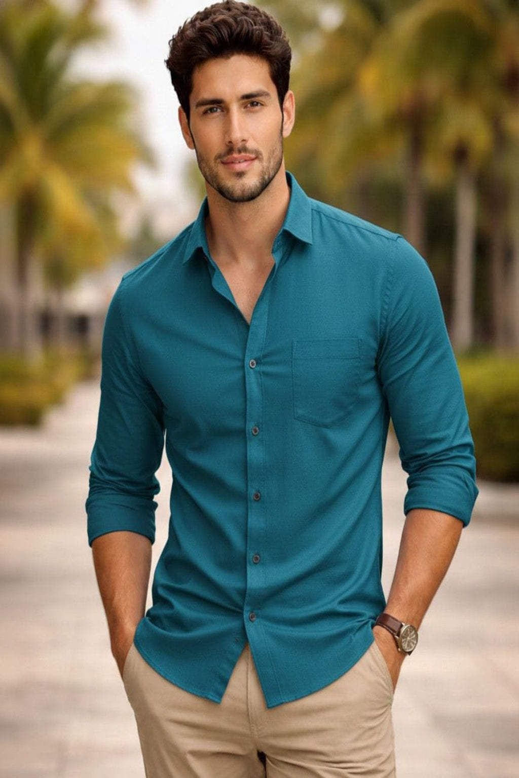 Men Regular Fit Self Design Spread Collar Shirt