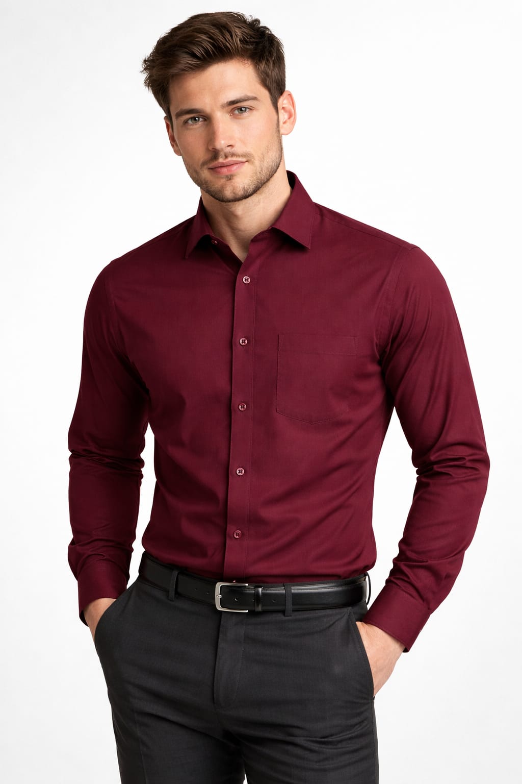 Men Regular Fit Self Design Spread Collar Maroon Shirt